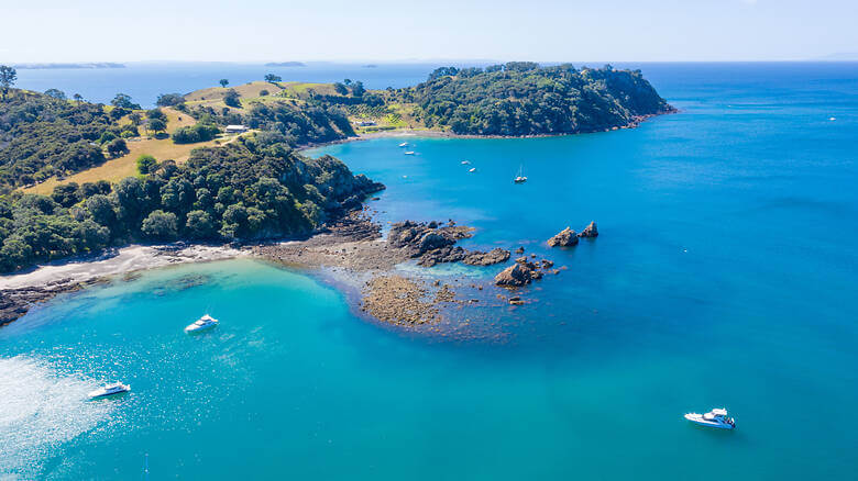 Jachten und grüne Hügel auf Neuseelands Nordinsel vor Waiheke Island