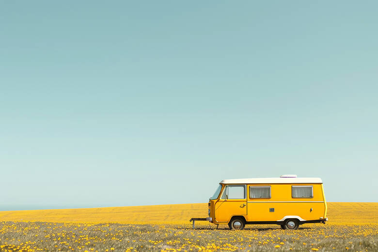 Gelber Camper auf einer Wiese